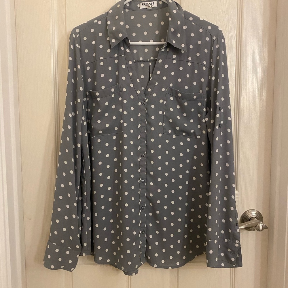 Express Gray and White Polka Dot Button-Down Shirt